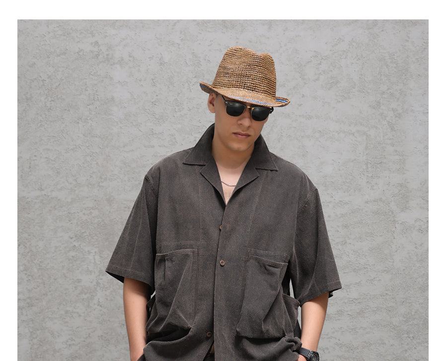 Wild Silk Cuban Collar Half Sleeve Shirt Men's Dye Yam Dyed Tussah Silk Aloha Retro Short Sleeve Shirt Summer