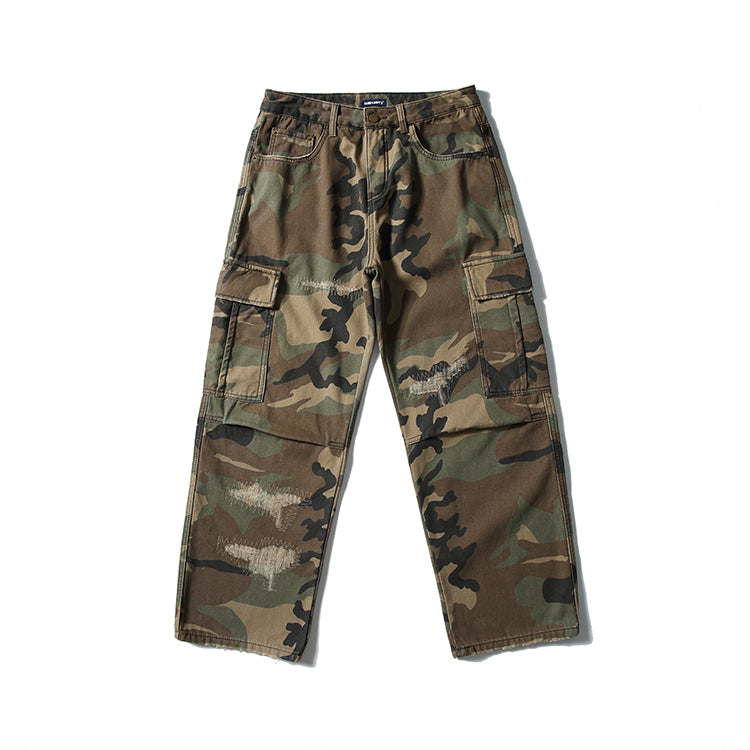 Men's American Street Retro Cargo Pants - Camouflage Heavy Washed Ripped Straight-Leg Pants