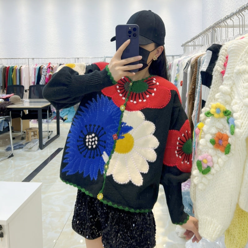 French Style Heavy Embroidery Floral Vintage Knit Sweater for Women 2025 Autumn Winter New Loose Cardigan Coat Trend