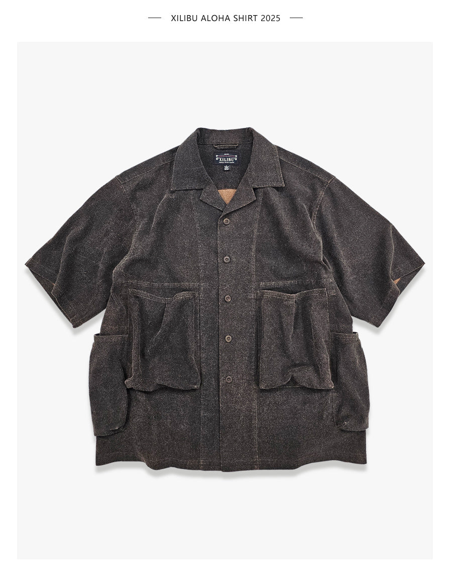 Wild Silk Cuban Collar Half Sleeve Shirt Men's Dye Yam Dyed Tussah Silk Aloha Retro Short Sleeve Shirt Summer