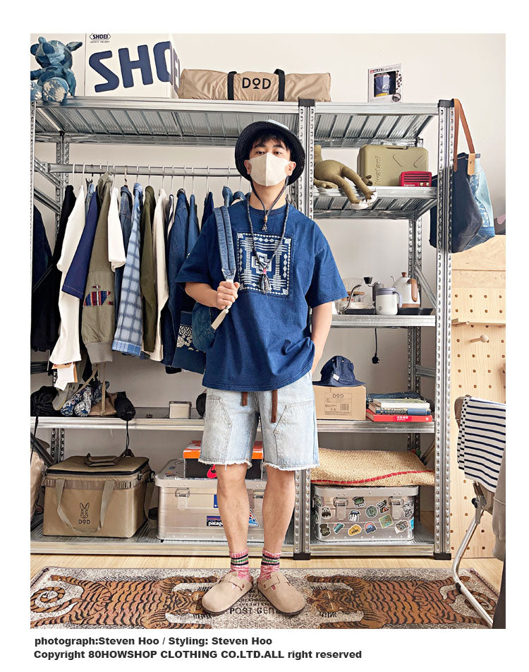 Japanese Retro Indigo Batik Craft Ethnic Style Patchwork Heavy Cotton Loose Fit Oversized T-Shirt for Men Summer Tee