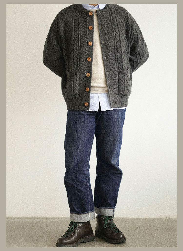 Traditional Aran Fisherman Sweater – Jacquard Knit Crewneck Cardigan (Unisex)