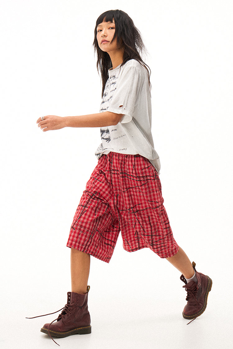 Handwritten Print Soft Skin-friendly Distressed Loose Short Sleeve T-shirt