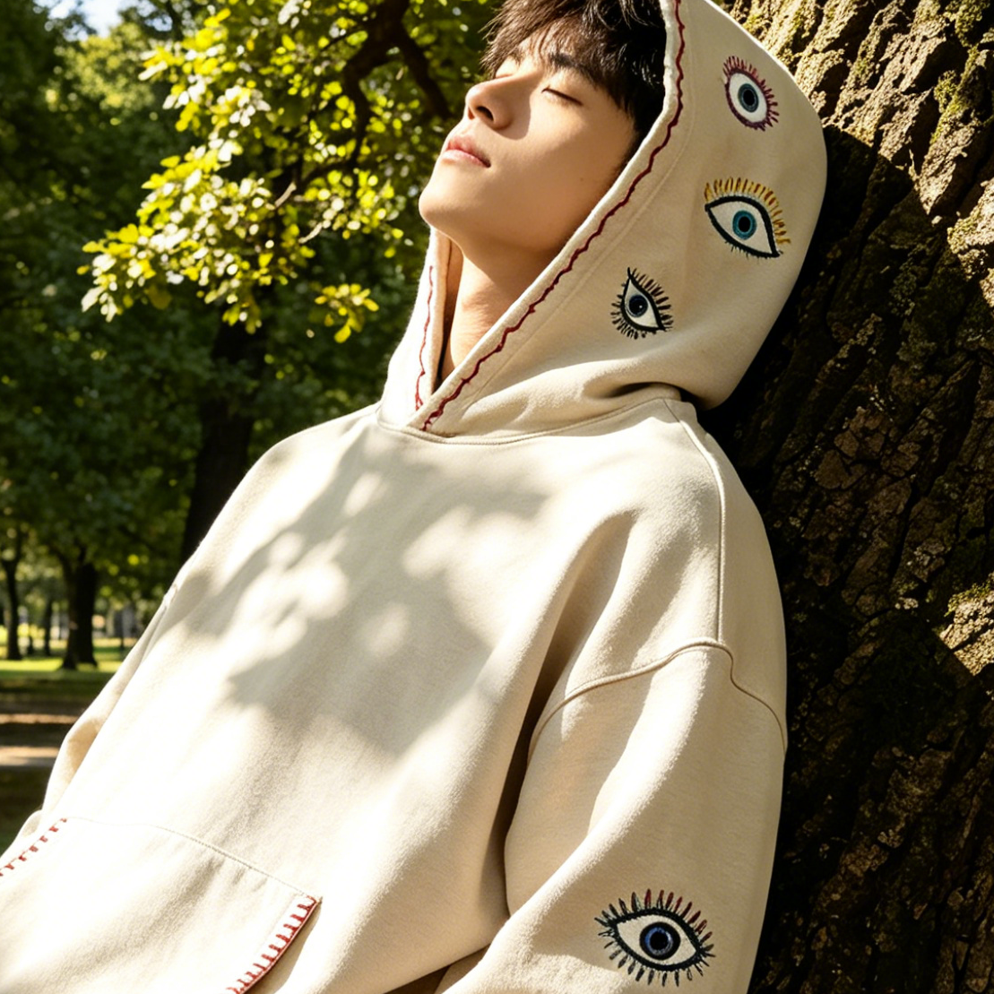Japanese Vintage Embroidered Eye Hoodie – Washed Cotton Loose Fit Streetwear Pullover | Japanese vintage | yamalin clothes | Yamalinclothes