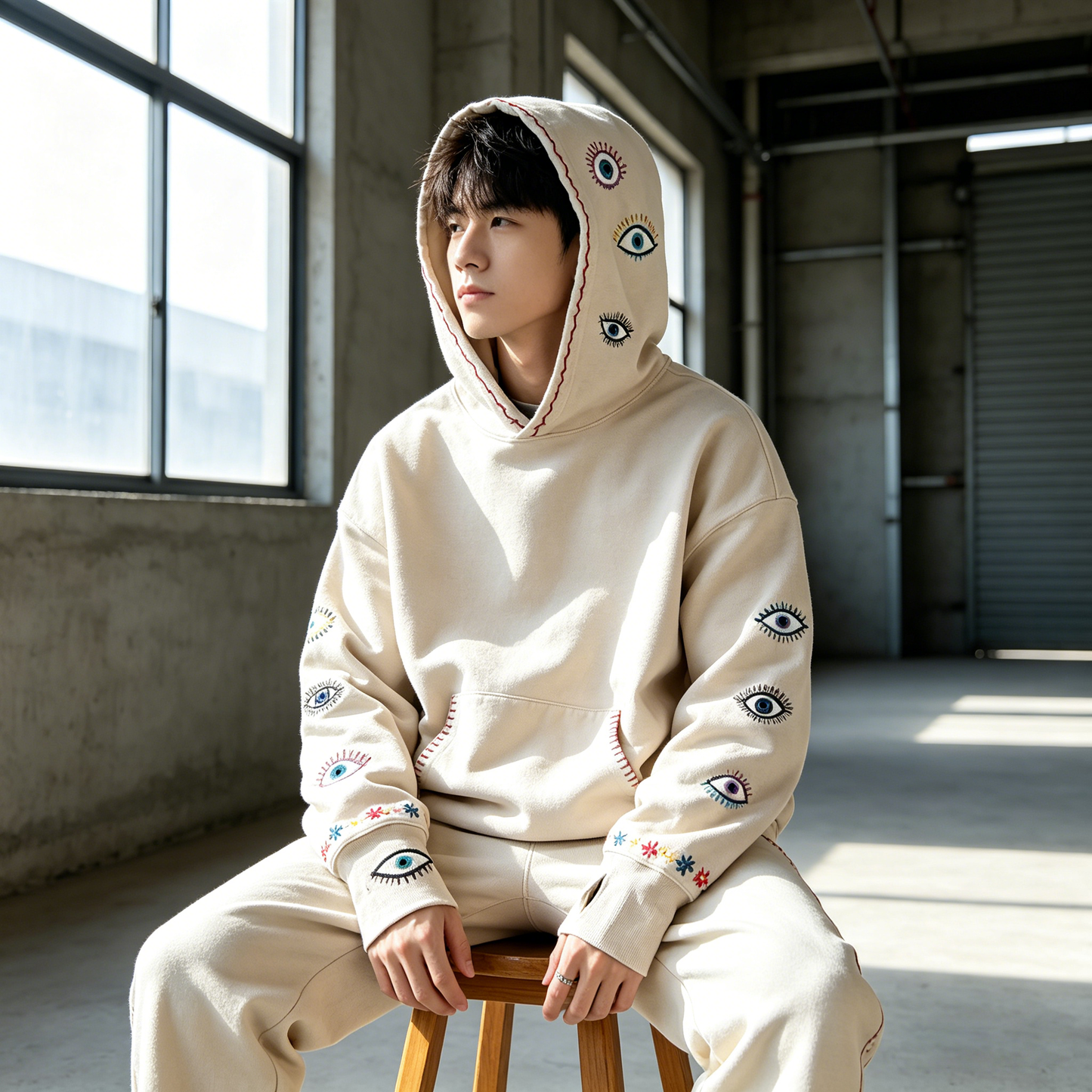 Japanese Vintage Embroidered Eye Hoodie – Washed Cotton Loose Fit Streetwear Pullover | Japanese vintage | yamalin clothes | Yamalinclothes