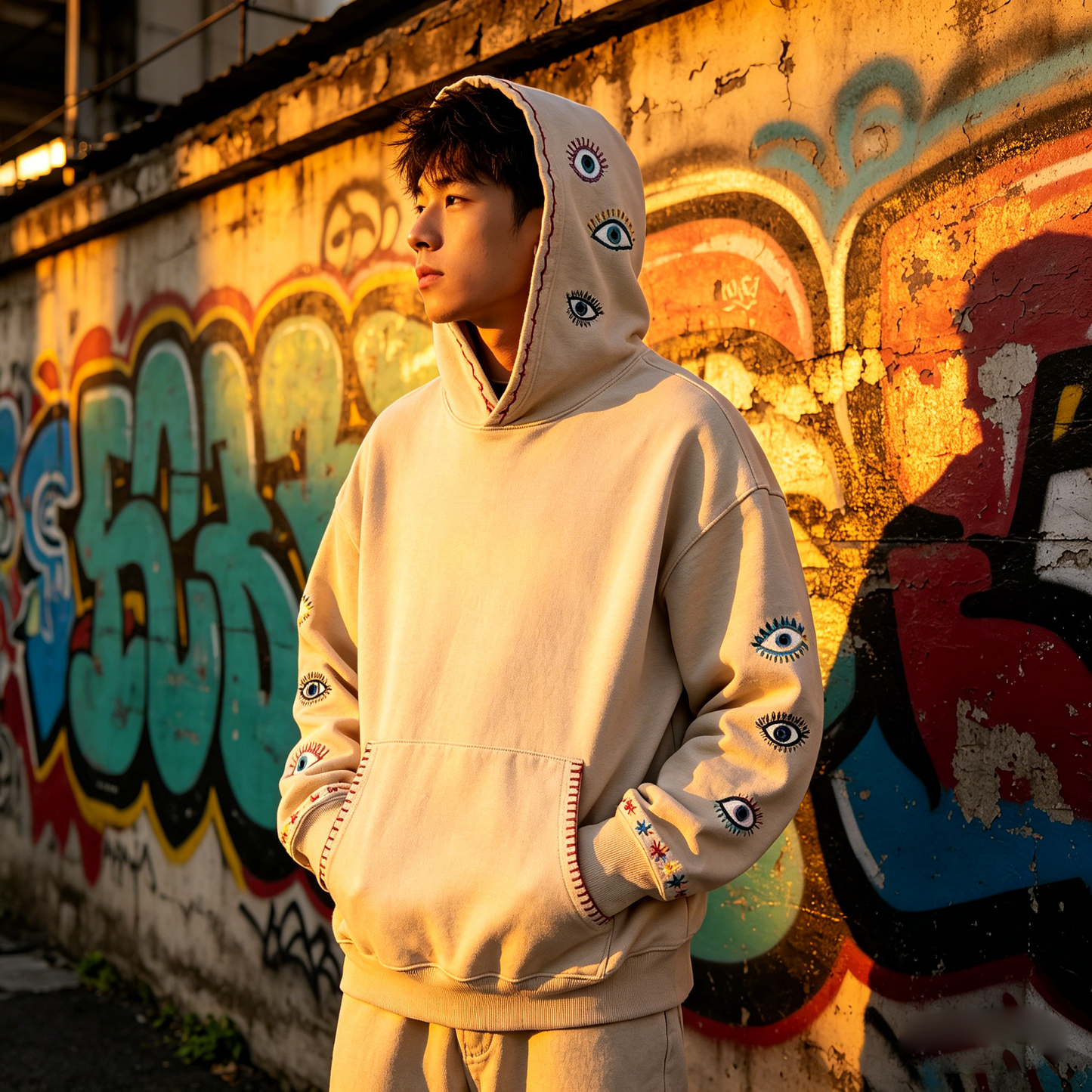 Japanese Vintage Embroidered Eye Hoodie – Washed Cotton Loose Fit Streetwear Pullover | Japanese vintage | yamalin clothes | Yamalinclothes