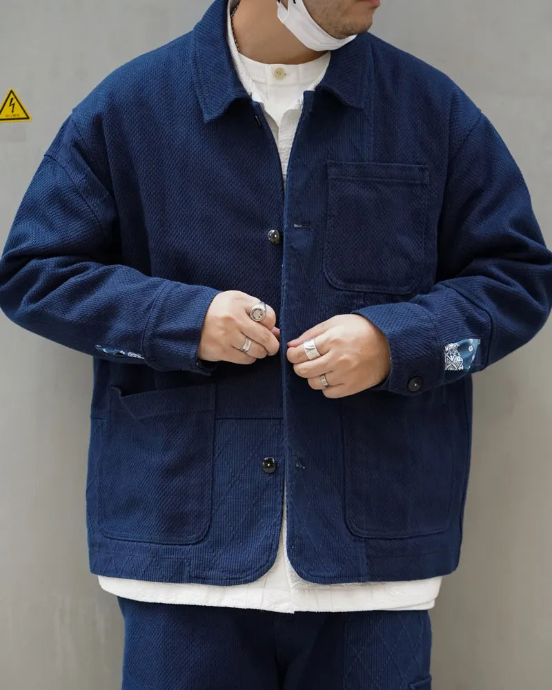 Blue Dye Patchwork Cashew Flower French Workwear Jacket – Loose Short Tooling Coat Men – Japanese vintage | yamalin clothes | Yamalinclothes