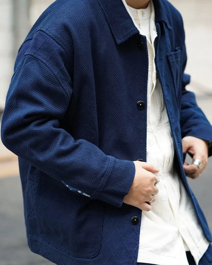 Blue Dye Patchwork Cashew Flower French Workwear Jacket – Loose Short Tooling Coat Men – Japanese vintage | yamalin clothes | Yamalinclothes