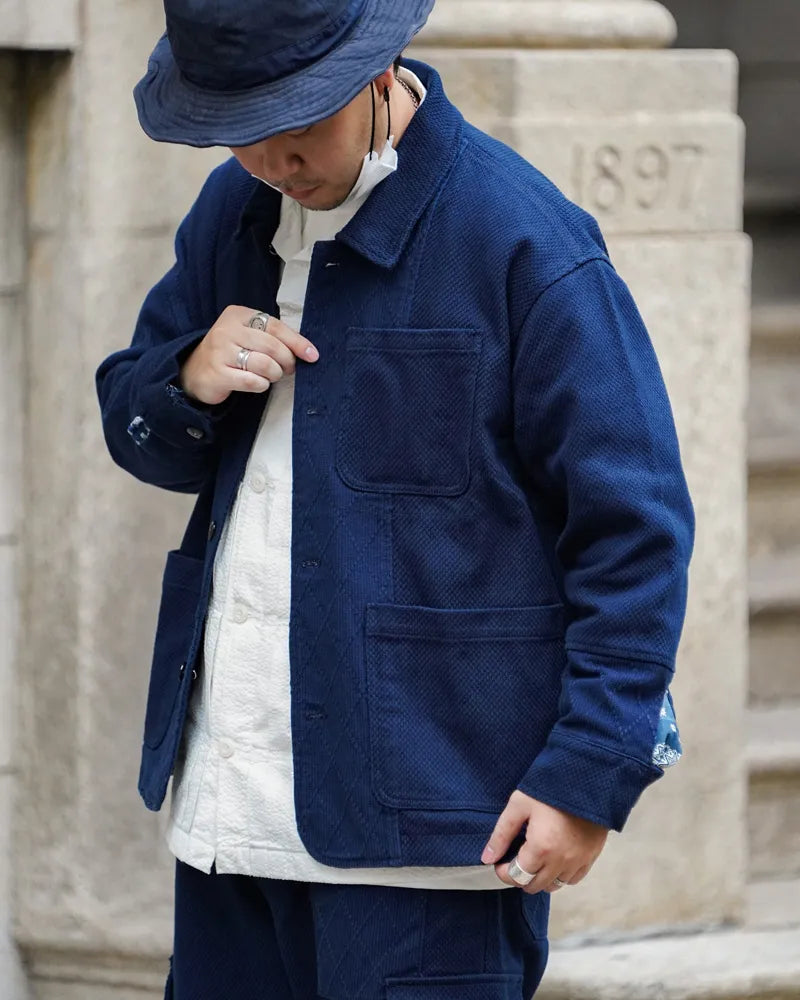 Blue Dye Patchwork Cashew Flower French Workwear Jacket – Loose Short Tooling Coat Men – Japanese vintage | yamalin clothes | Yamalinclothes