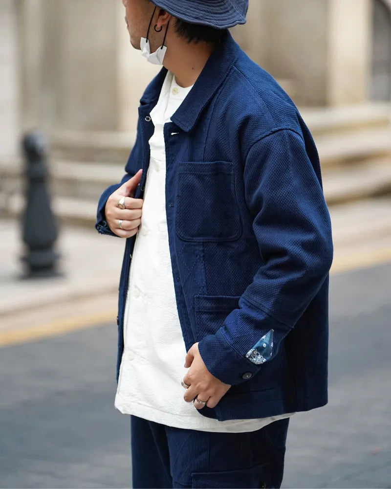 Blue Dye Patchwork Cashew Flower French Workwear Jacket – Loose Short Tooling Coat Men – Japanese vintage | yamalin clothes | Yamalinclothes