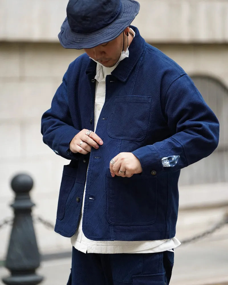 Blue Dye Patchwork Cashew Flower French Workwear Jacket – Loose Short Tooling Coat Men – Japanese vintage | yamalin clothes | Yamalinclothes