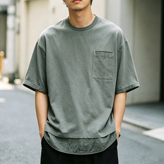 Vintage Patchwork Washed T-Shirt Men – Heavy Cotton Layered Oversized Streetwear Tee