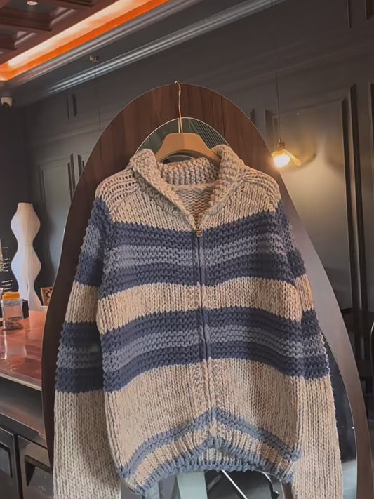 Women's Vintage Handmade Color Block Cardigan - Autumn Winter Loose Thickened Zipper Turn-Down Collar Knit Coat