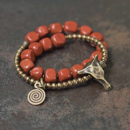 Irregular Red Stone Double-Ring Bracelet – Vintage Unisex Jewelry
