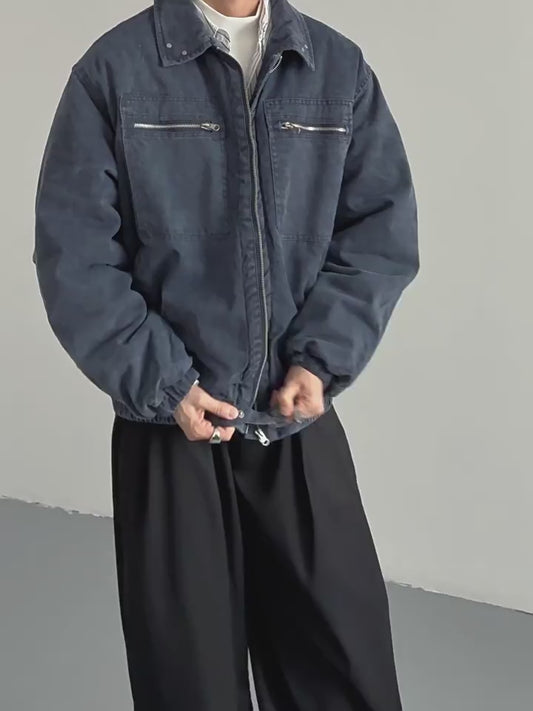 Vintage Distressed Padded Denim Jacket – Oversized Men’s Zipper-Trim Quilted Trucker Coat