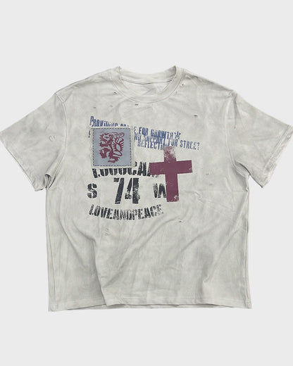 Ripped Washed Slogan Patch T-Shirt – Vintage Loose Unisex Streetwear