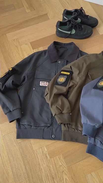 Vintage Badge Patch Cargo Jacket – American Workwear Oversized Unisex