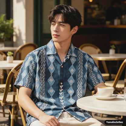Vintage Cuban Collar Shirt Men – Hawaiian Print Tencel Ramie Summer Short Sleeve