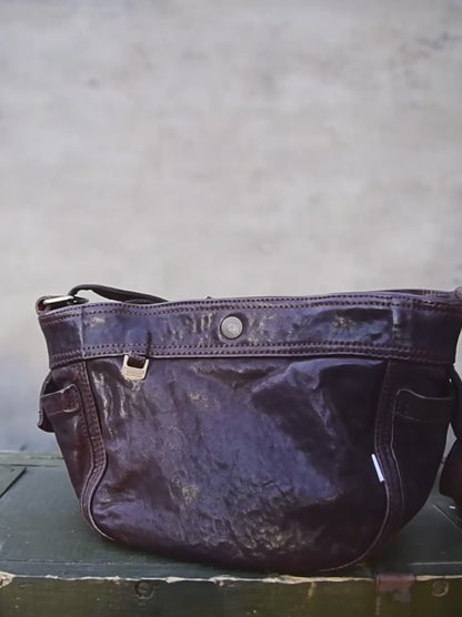 Heavy Washed Horsehide Newsboy Crossbody Bag – Vintage Leather Shoulder Bag