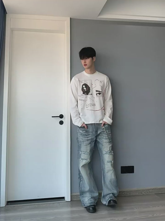 Graphic Print Oversized Long-Sleeve T-Shirt – Unisex Cotton Blend Base Layer Top