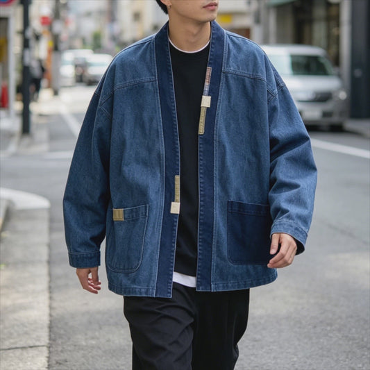 Vintage Patchwork Distressed Denim Jacket Men – Oversized Washed Workwear Coat