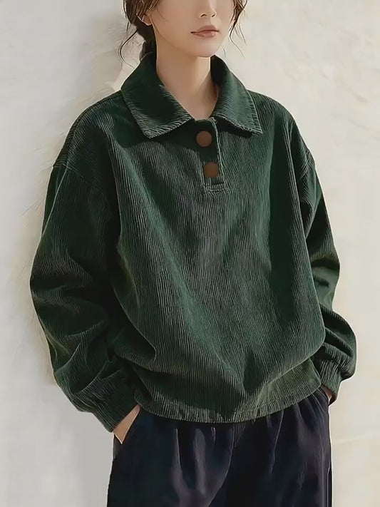Women's 2025 Winter Dark Green Corduroy Pullover - Polo Neck Button-Down Vintage Lazy Shirt-Inspired Top