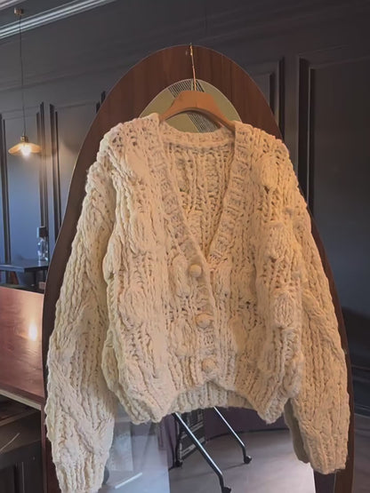 Women's 2025 Autumn Winter Thick Knit Cardigan - Simple Solid Color Buttoned Loose Versatile Sweater Coat