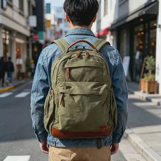 Japanese Canvas Leather Trim Backpack – Large Capacity Laptop Travel Bag