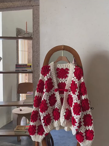 Women's European French Retro Color Block Cardigan - Handmade 3D Rose Crochet Hollow Knit Sweater