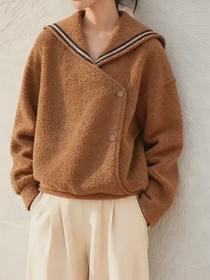 Women's 2025 Autumn Winter Old Money Style Lamb Wool Coat - Petite Brown Navy Collar Thick Warm Coat