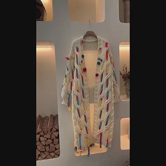 Women's 2024 Autumn Winter Lazy Style Long Cardigan - Soft Handmade Colorful Tassel Knitted Sweater