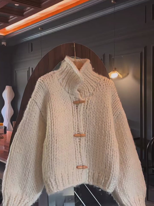 Women's 2025 Autumn Winter Korean Lazy Style Thick Knit Cardigan - Loose Horn Button Sweater