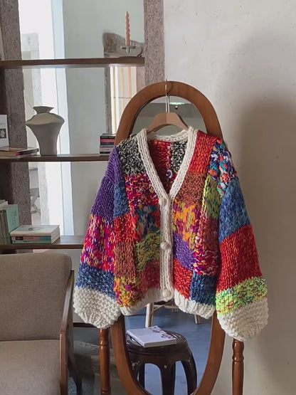Women's 2025 Autumn Winter Heavy Craft Cardigan - Handmade Thick-Knit Colorful Plaid Knitted Sweater Coat