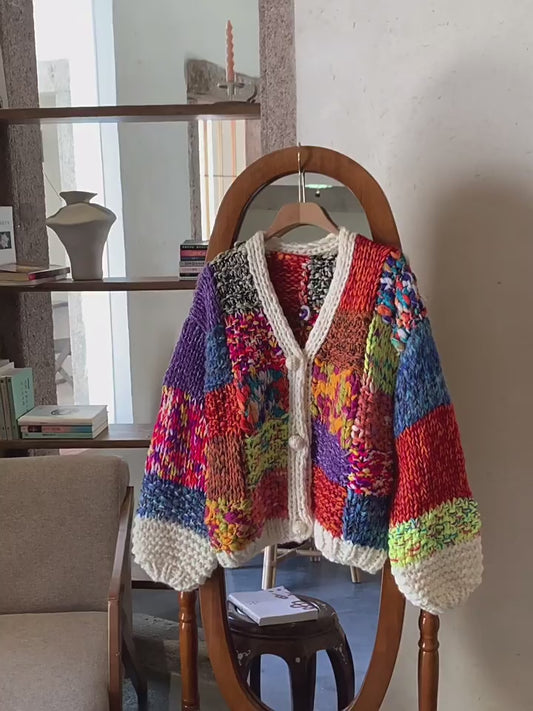 Women's 2025 Autumn Winter Heavy Craft Cardigan - Handmade Thick-Knit Colorful Plaid Knitted Sweater Coat