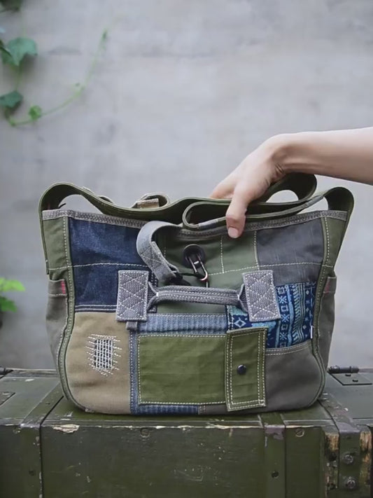 Heavy industry thickened canvas splicing Baijia cloth one-shoulder crossbody bag newsboy bag men's casual bag women's 8700