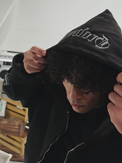 Suede Embroidered Hooded Zip Sweatshirt – Loose Vintage Unisex Jacket
