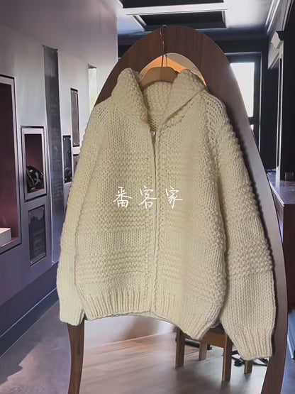 Women's South Korean Wave Pattern Knitted Cardigan - Autumn Winter Thick Wool Zipper Versatile Sweater Coat