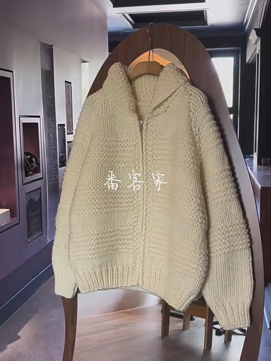 Women's South Korean Wave Pattern Knitted Cardigan - Autumn Winter Thick Wool Zipper Versatile Sweater Coat