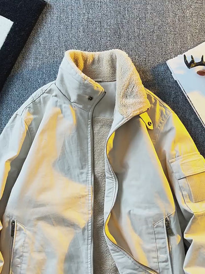 Lambswool Stand Collar Workwear Bomber Jacket – Fleece Lined Unisex Winter