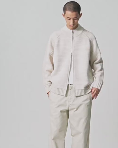 Merino Wool Blend Zip Cardigan – Heavyweight Panel Knit Coat