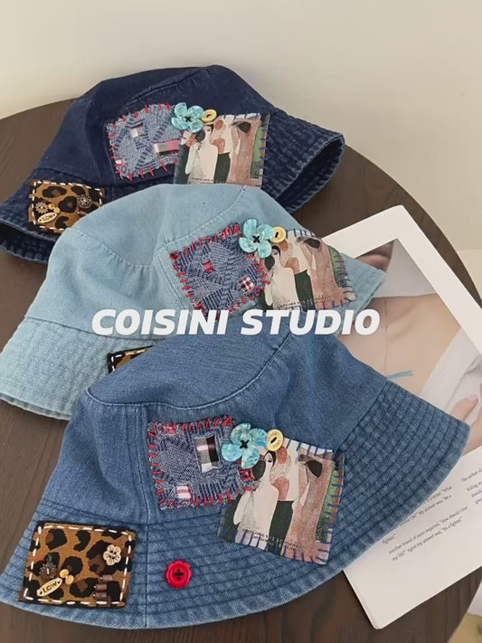 Denim Abstract Appliqué Fisherman Hat – Wide Brim Sun Protection Streetwear