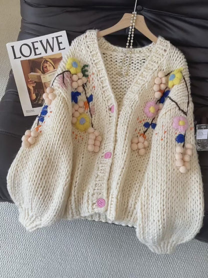 Women's 2025 Autumn French Retro Crochet Cardigan - Handmade 3D Flower Heavy Knit Sweater Coat