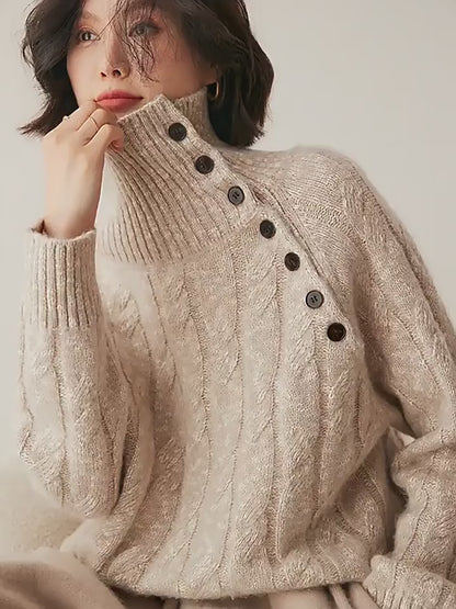 Cable-Knit Sweater – Diagonal Buttons & High Neck