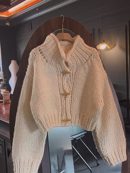 Women's High-End Wool Knitted Cardigan - Autumn Winter Lazy Style High Collar Horn Button Short Loose Top