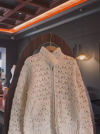Women's Sweet Hollow Crochet Cardigan - Handmade Wool Blend Zipper Knitted Lazy Style Outerwear