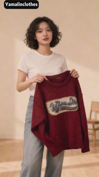 American Retro Casual Knitted Sweater - Yamalin Spring Red Top (Women)