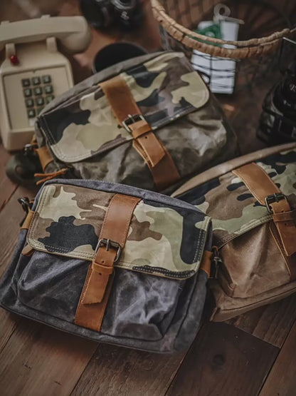 Japanese Vintage Camouflage Canvas Crossbody Bag – Indigo Cowhide Leather Messenger Shoulder Bag