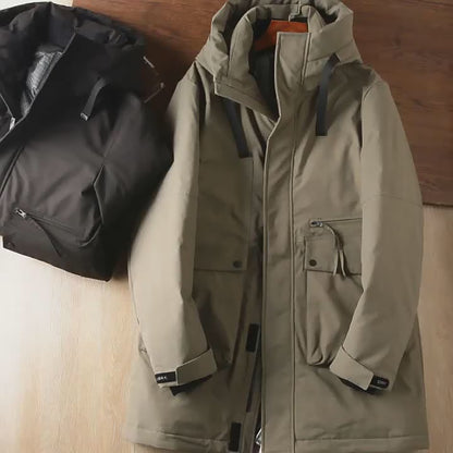 Men's Plus Size Workwear Down Jacket - Export Factory Cut Label Hooded Mid-Length Winter Coat