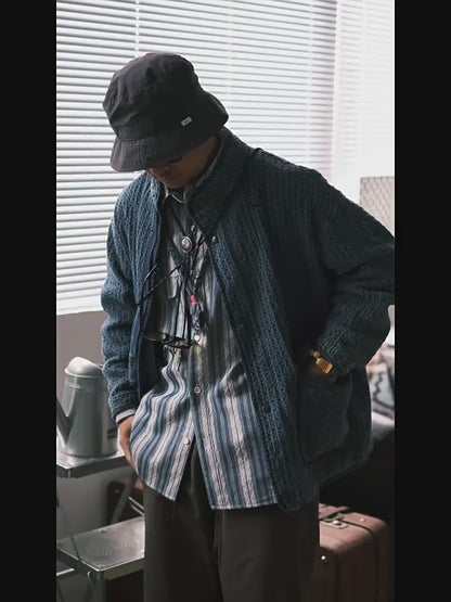 Japanese Spring & Autumn Washed Old Denim Jacket – Retro Style Stand Collar Pocket Coat