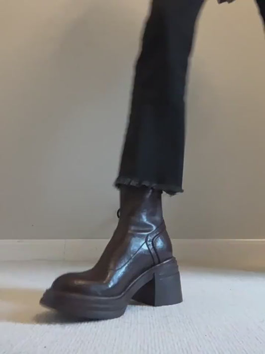 Women's Retro Genuine Leather Martin Boots - Brown Cowhide Thick-Soled Back-Zip Chunky Heel Boots